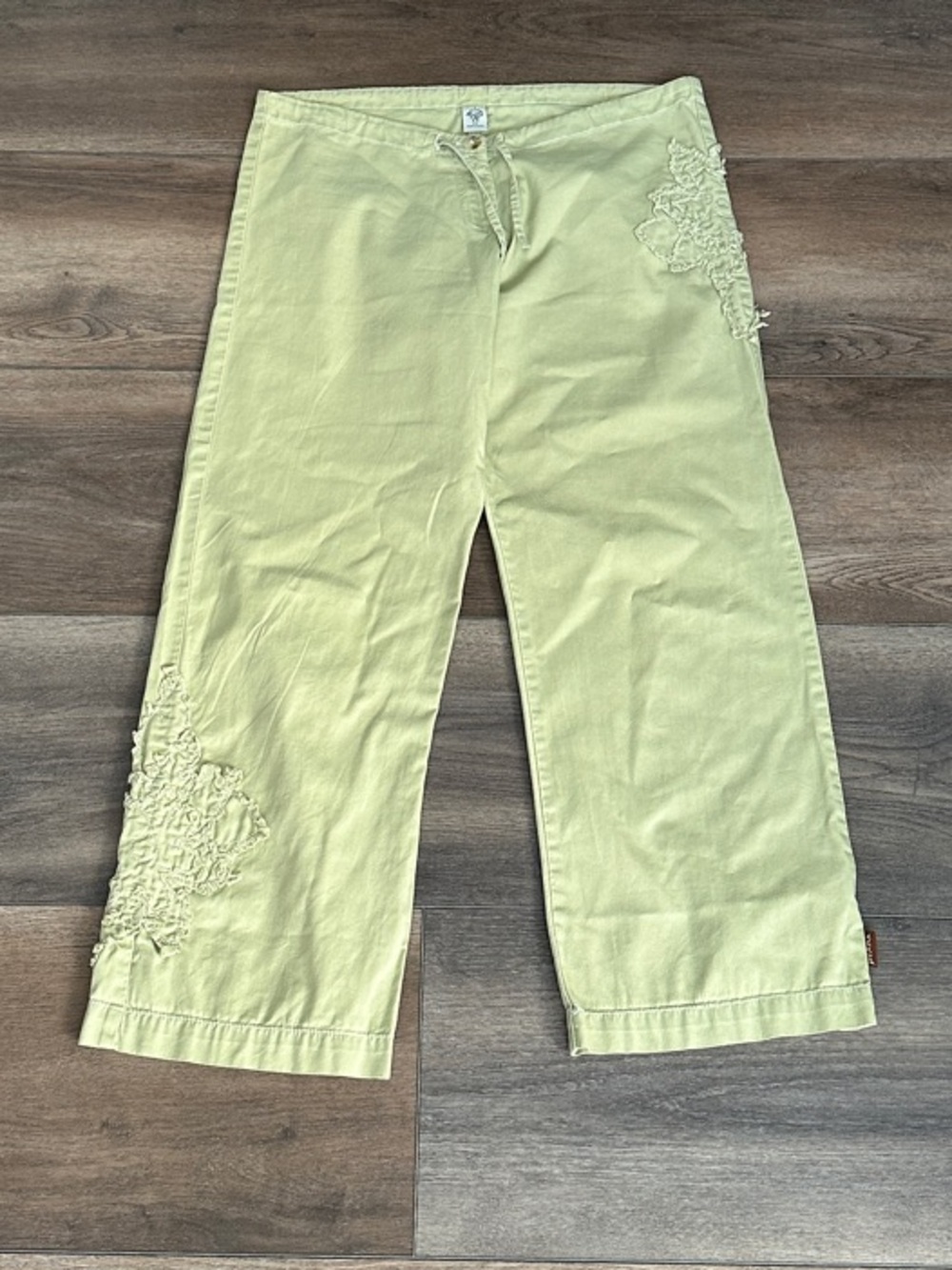 Prana Pale Green Wide Leg Cropped Pants with Lace Appliqué